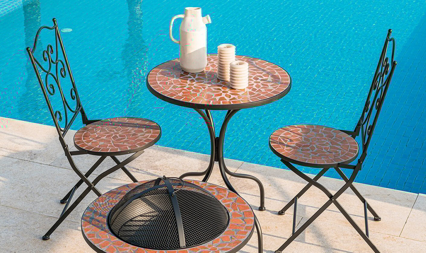 Add a touch of bistro charm to your outdoor space with elegant, compact furniture for intimate dining.